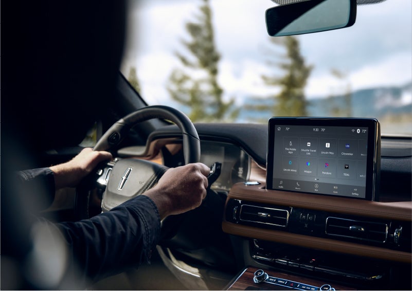 The Lincoln+Alexa app screen is displayed in the center screen of a 2023 Lincoln Aviator® Grand Touring SUV | Boulevard Lincoln in Georgetown DE